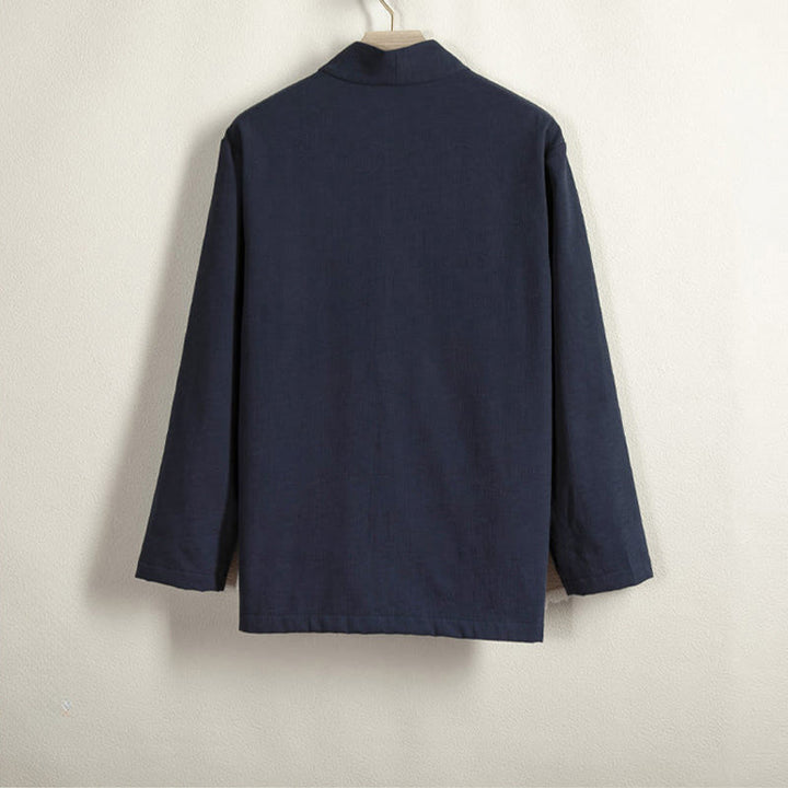 Veste kimono en coton et lin pour homme, unie, avec boutons grenouille, doublure polaire et devant ouvert, signée Buddha Stones - image 2