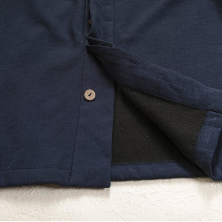 Buddha Stones en coton et lin à manches longues et boutons grenouille pour homme, doublure polaire, style kimono - image 6