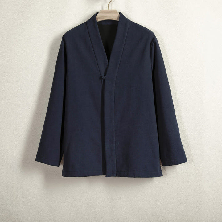 Buddha Stones en coton et lin à manches longues et boutons grenouille pour homme, doublure polaire, style kimono - Bleu nuit - US/UK/AU44，EU54 (4XL) - image 0