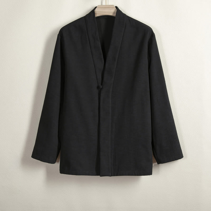 Veste kimono en coton et lin pour homme, unie, avec boutons grenouille, doublure polaire et devant ouvert, signée Buddha Stones - Noir - US/UK/AU44，EU54 (4XL) - image 10