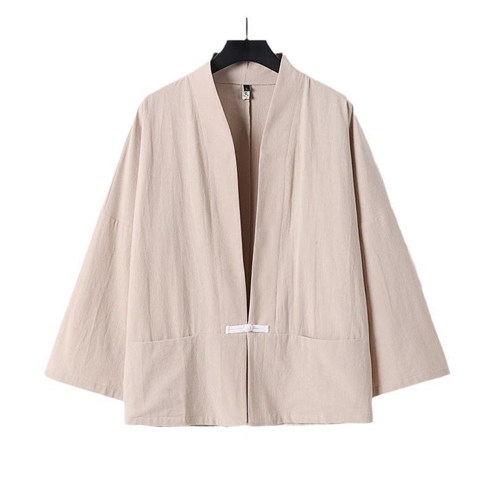 Veste kimono en coton et lin pour homme, manches longues, boutons, motif Buddha Stones, ouverte sur le devant, avec poches - image 13