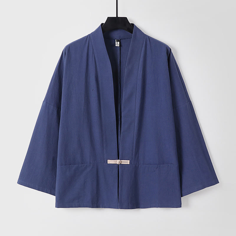 Veste kimono en coton et lin pour homme, manches longues, boutons, motif Buddha Stones, ouverte sur le devant, avec poches - Bleu ardoise foncé - US/UK/AU54，EU64 (9XL) - image 14