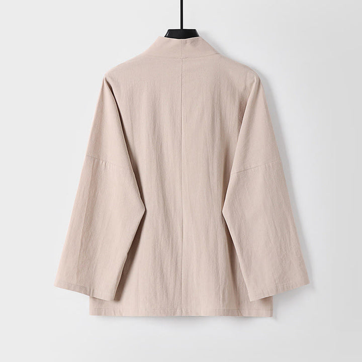 Veste kimono en coton et lin pour homme, manches longues, boutons, motif Buddha Stones, ouverte sur le devant, avec poches - image 4