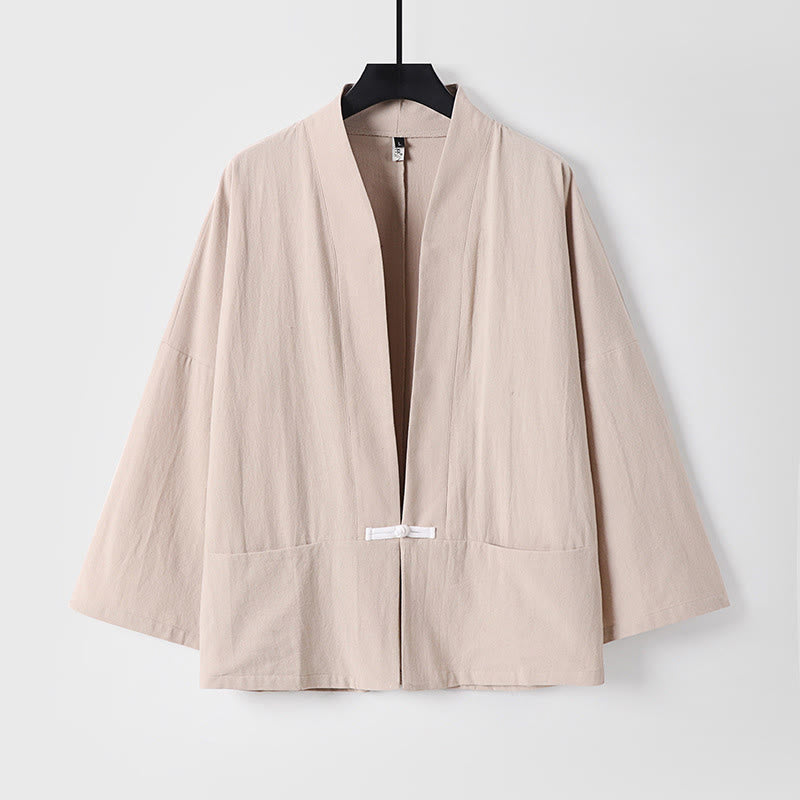 Veste kimono en coton et lin pour homme, manches longues, boutons, motif Buddha Stones, ouverte sur le devant, avec poches - Amandes blanchies - US/UK/AU54，EU64 (9XL) - image 3