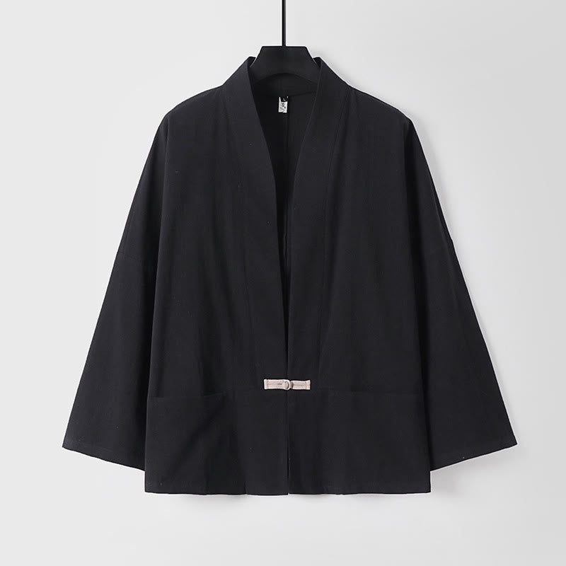 Veste kimono en coton et lin pour homme, style vintage, avec boutons grenouille et poches, style Buddha Stones - Noir - US/UK/AU54，EU64 (9XL) - image 3