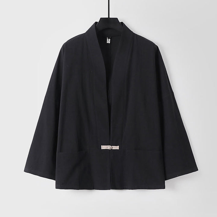 Veste kimono en coton et lin pour homme, style vintage, avec boutons grenouille et poches, style Buddha Stones - Noir - US/UK/AU54，EU64 (9XL) - image 3
