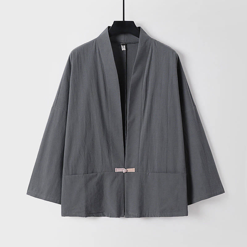 Veste kimono en coton et lin pour homme, manches longues, boutons, motif Buddha Stones, ouverte sur le devant, avec poches - Gris terne - US/UK/AU54，EU64 (9XL) - image 0