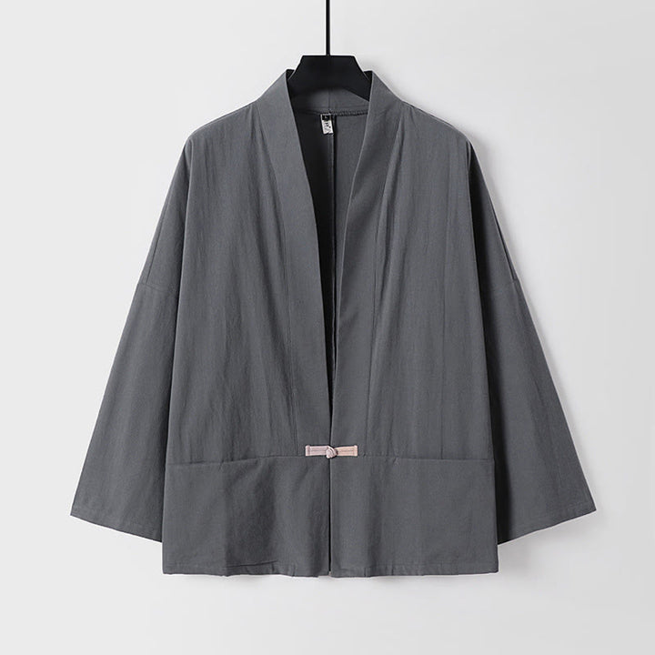 Veste kimono en coton et lin pour homme, manches longues, boutons, motif Buddha Stones, ouverte sur le devant, avec poches - Gris terne - US/UK/AU54，EU64 (9XL) - image 0