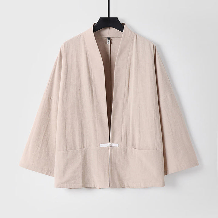 Veste kimono en coton et lin pour homme, style vintage, avec boutons grenouille et poches, style Buddha Stones - Amande blanchie - US/UK/AU54，EU64 (9XL) - image 4
