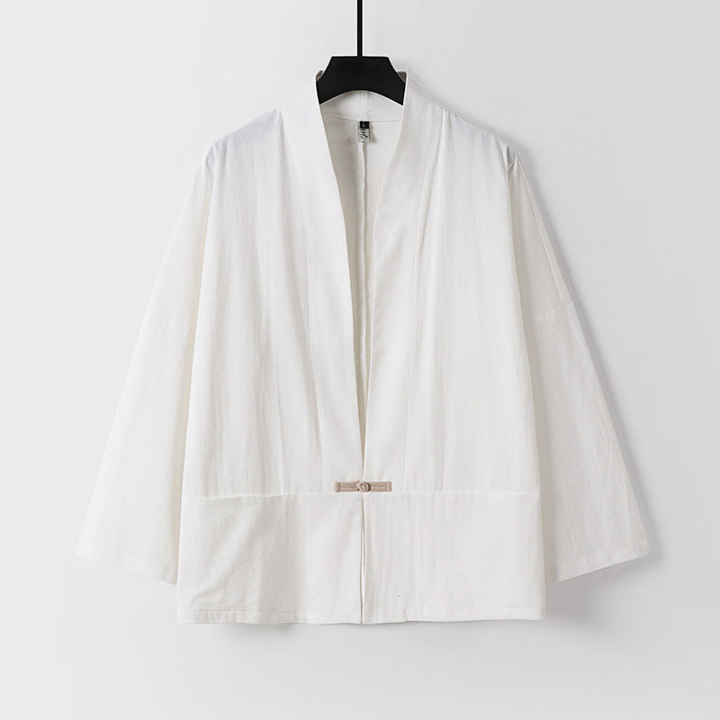 Veste kimono en coton et lin pour homme, manches longues, boutons, motif Buddha Stones, ouverte sur le devant, avec poches - Blanc - US/UK/AU54，EU64 (9XL) - image 1