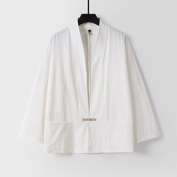 Veste kimono en coton et lin pour homme, manches longues, boutons, motif Buddha Stones, ouverte sur le devant, avec poches - Blanc - US/UK/AU54，EU64 (9XL) - image 1