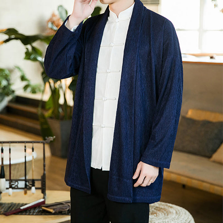 Veste kimono en coton et lin pour homme, couleur pure, motif Buddha Stones , printemps - image 14