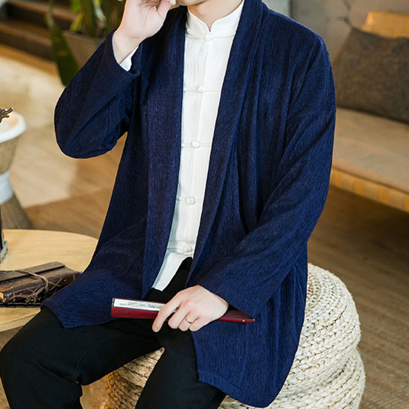 Veste kimono en coton et lin pour homme, couleur pure, motif Buddha Stones , printemps - image 17
