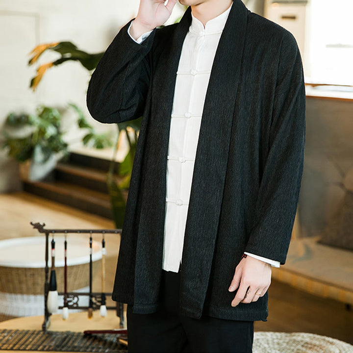 Veste kimono en coton et lin pour homme, couleur pure, motif Buddha Stones , printemps - image 4