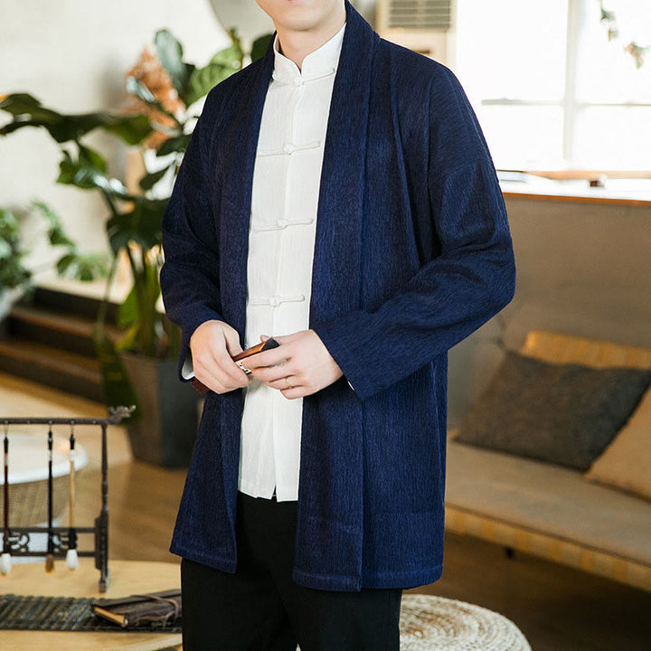 Veste kimono en coton et lin pour homme, couleur pure, motif Buddha Stones , printemps - Bleu nuit - US/UK/AU46，EU56 (5XL) - image 11