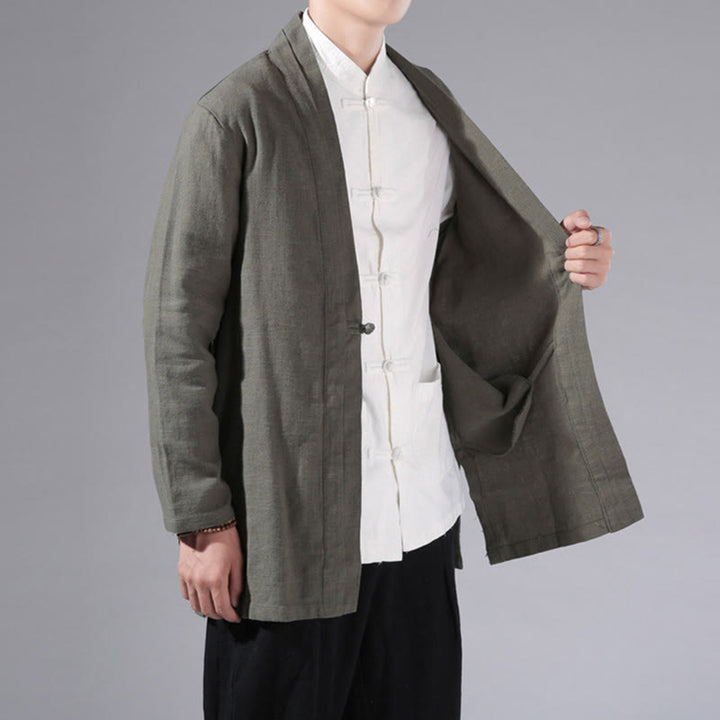 Veste kimono à manches longues pour homme, motif simple et uni, en coton et lin, avec Buddha Stones - image 6