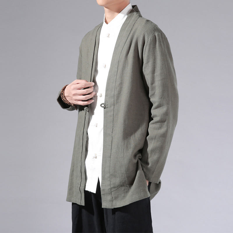 Veste kimono à manches longues pour homme, motif simple et uni, en coton et lin, avec Buddha Stones - image 3