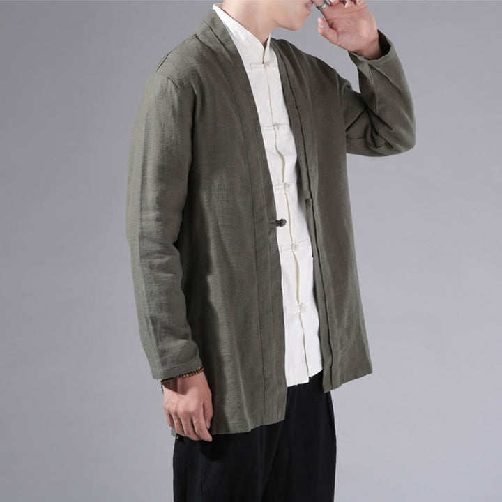 Veste kimono à manches longues pour homme, motif simple et uni, en coton et lin, avec Buddha Stones - image 1