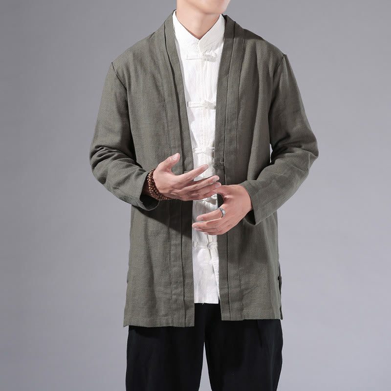 Veste kimono à manches longues pour homme, décontractée, unie, simple, en coton et lin, avec motif Buddha Stones - Vert foncé - US/UK/AU42，EU52 (3XL) - image 1