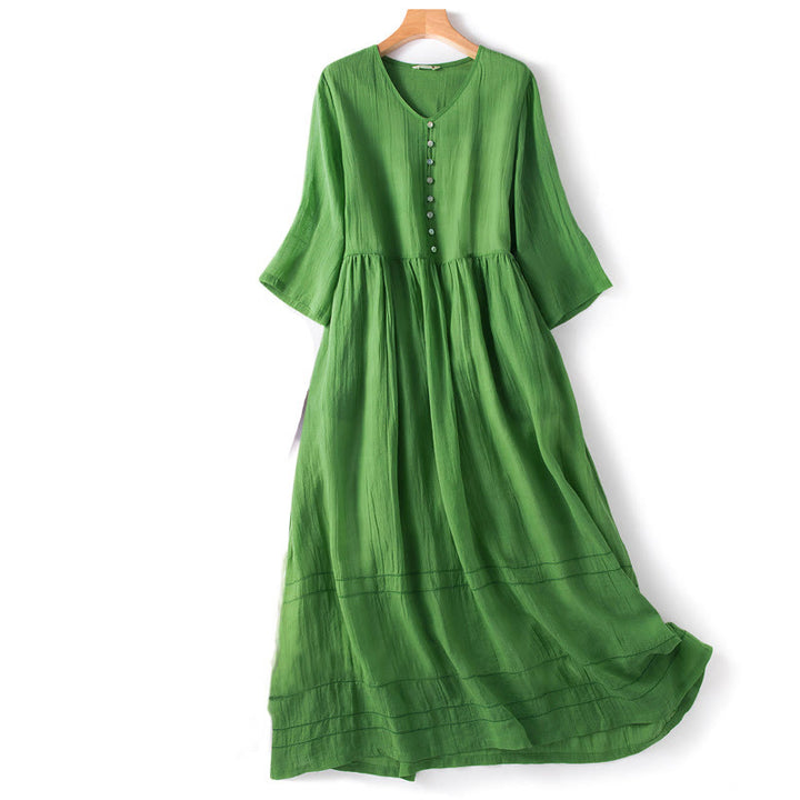Robe mi-longue d'été en coton à col en V et manches mi-longues avec Buddha Stones - Vert - US12，UK/AU16，EU44 (2XL) - image 0