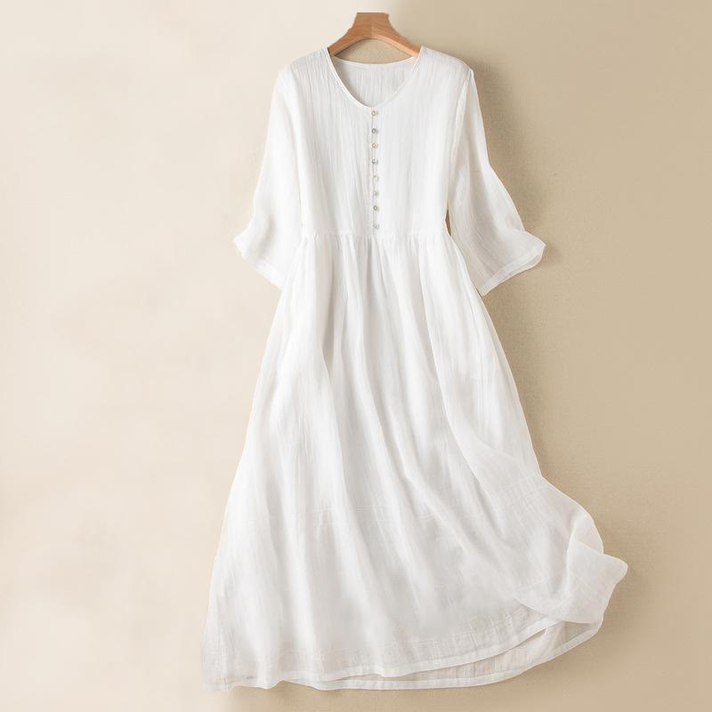 Robe mi-longue d'été en coton à col en V et manches mi-longues avec Buddha Stones - Blanc - US14，UK/AU18，EU46 (2XL) - image 17