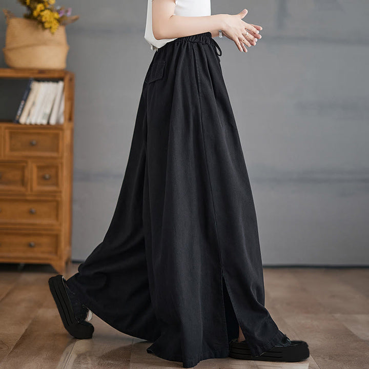 Pantalon large en coton avec poches et ouverture de jambe style rétro Buddha Stones pour femme - Noir - US12，UK/AU16，EU44 (3XL) - image 10