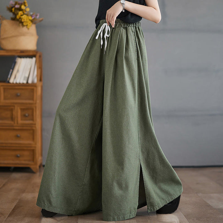 Pantalon large pour femme avec poches et fente au niveau des jambes, style rétro Buddha Stones - Vert olive - US12，UK/AU16，EU44 (3XL) - image 5