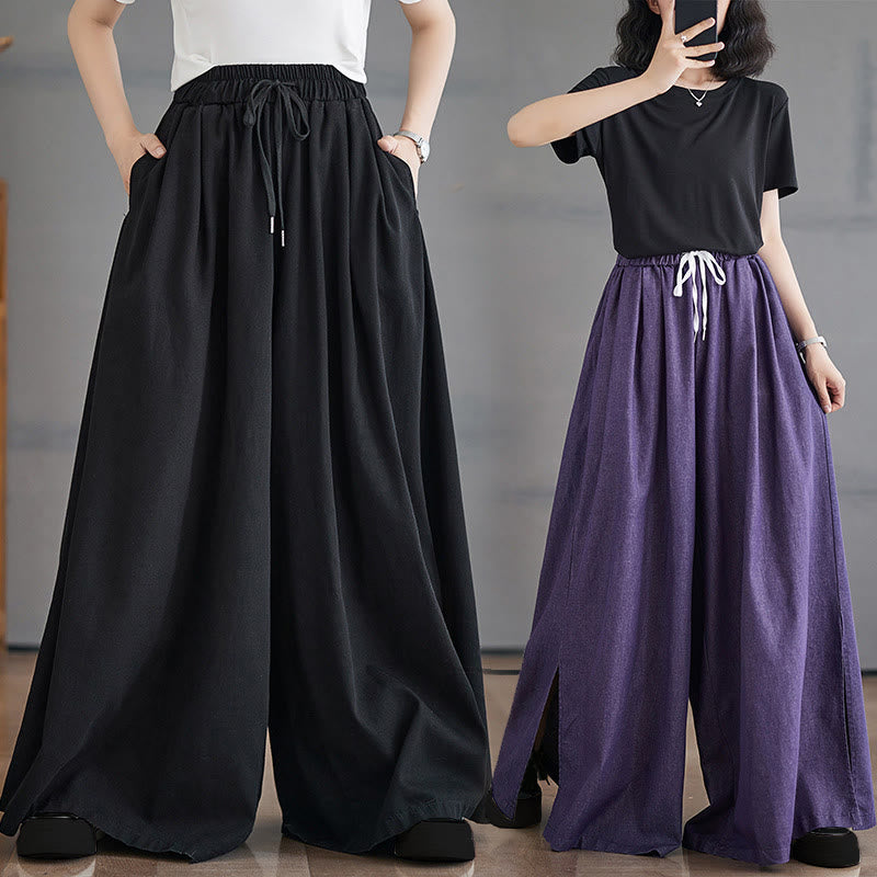 Pantalon large en coton avec poches et ouverture de jambe style rétro Buddha Stones pour femme - image 24