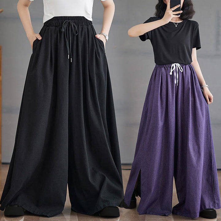 Pantalon large en coton avec poches et ouverture de jambe style rétro Buddha Stones pour femme - image 24