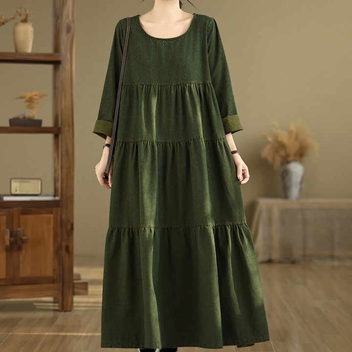 Robe longue en coton à manches longues et poches pour femme, motif patchwork Buddha Stones, vert olive foncé - image 5