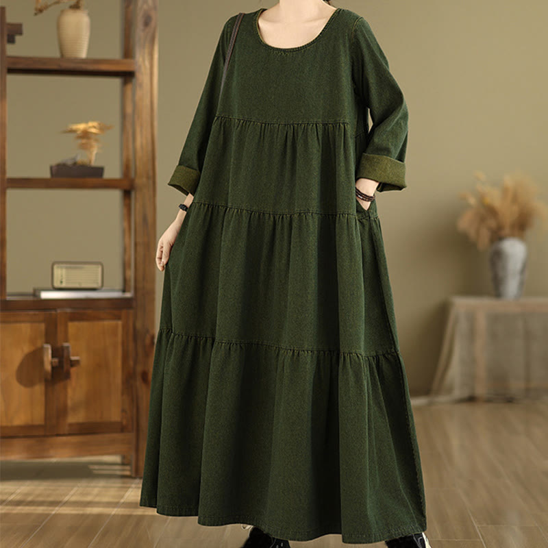 Robe longue en coton à manches longues et poches pour femme, motif patchwork Buddha Stones, vert olive foncé - image 3