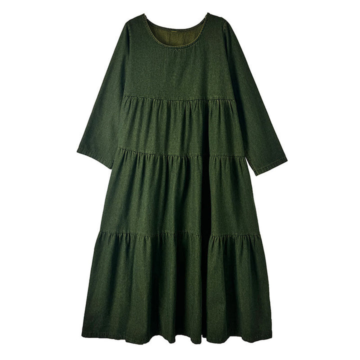 Robe longue en coton à manches longues et poches pour femme, motif patchwork Buddha Stones, vert olive foncé - image 14
