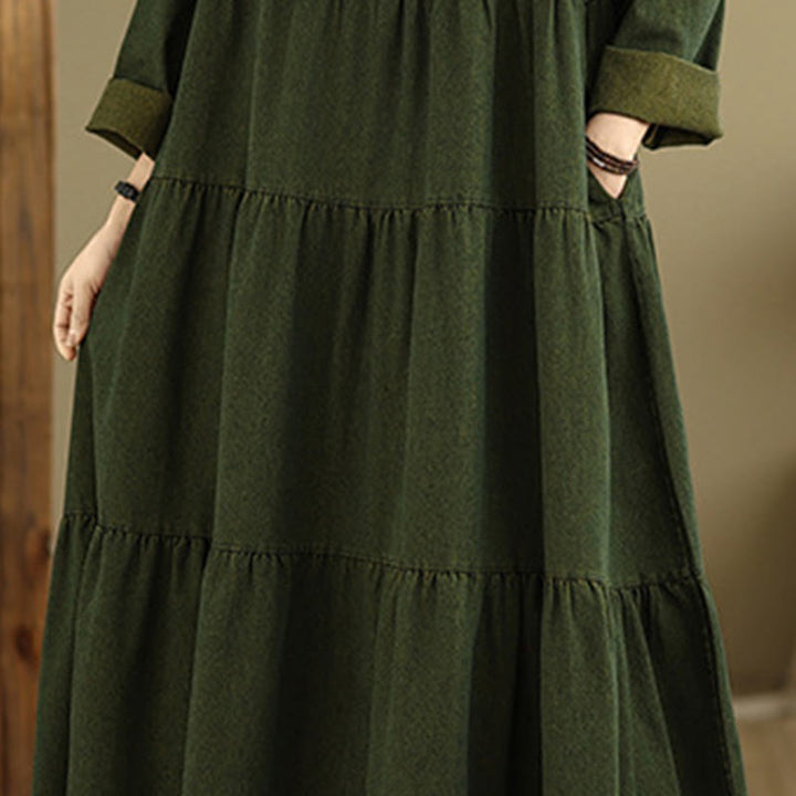 Robe longue en coton à manches longues et poches pour femme, motif patchwork Buddha Stones, vert olive foncé - image 9