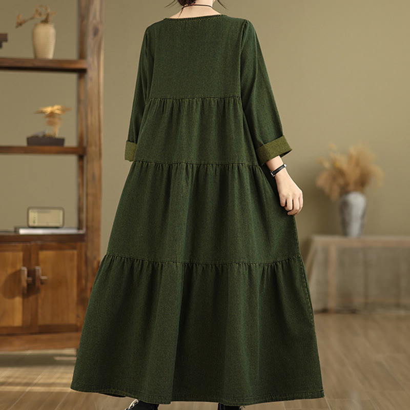 Robe longue en coton à manches longues et poches pour femme, motif patchwork Buddha Stones, vert olive foncé - image 4