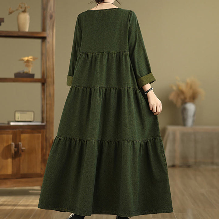 Robe longue en coton à manches longues et poches pour femme, motif patchwork Buddha Stones, vert olive foncé - image 4