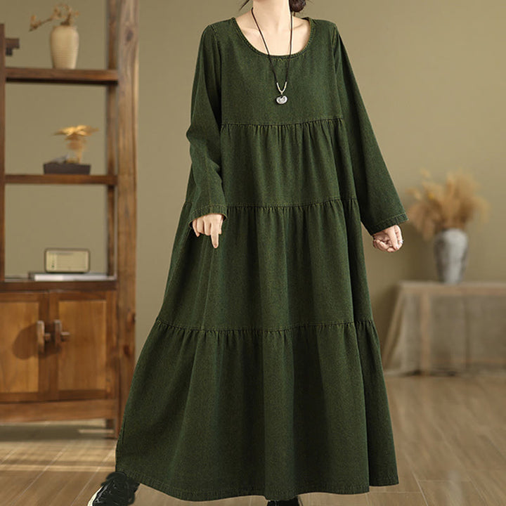 Robe longue en coton à manches longues et poches pour femme, motif patchwork Buddha Stones, vert olive foncé - image 7