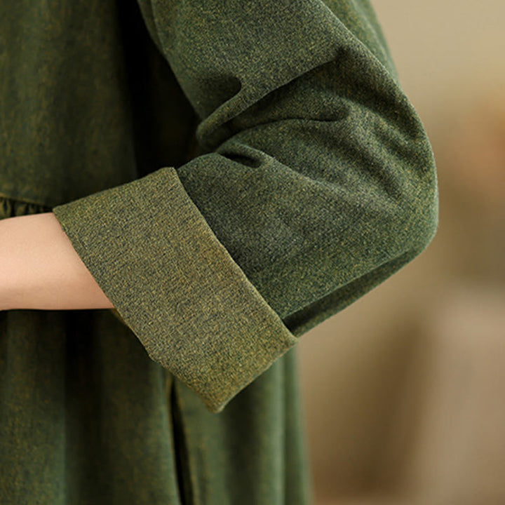 Robe longue en coton à manches longues et poches pour femme, motif patchwork Buddha Stones, vert olive foncé - image 9