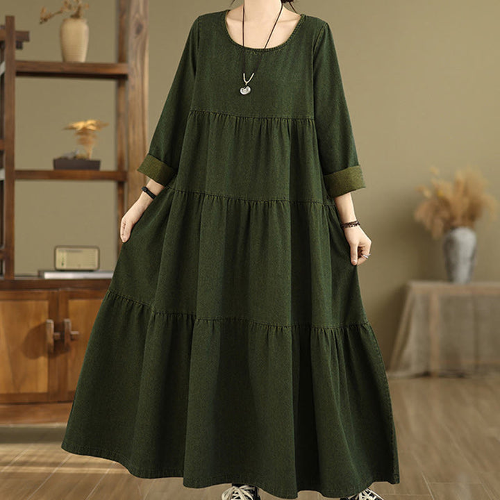 Robe longue en coton à manches longues et poches pour femme, motif patchwork Buddha Stones, vert olive foncé - image 3