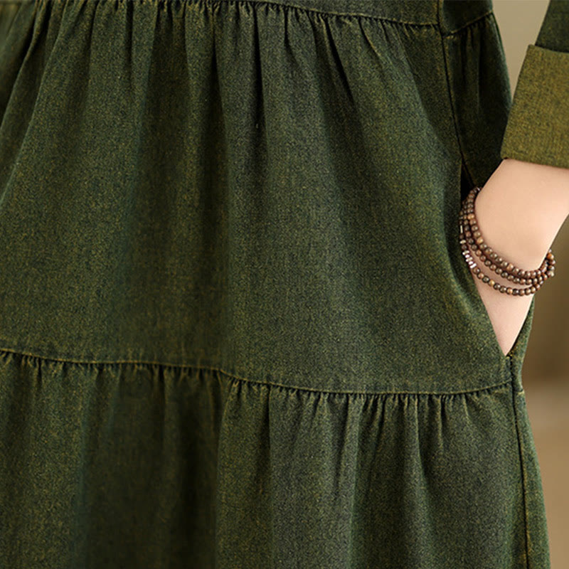 Robe longue en coton à manches longues et poches pour femme, motif patchwork Buddha Stones, vert olive foncé - image 12