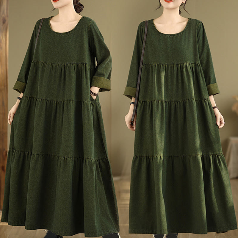 Robe longue en coton à manches longues et poches pour femme, motif patchwork Buddha Stones, vert olive foncé - Vert olive foncé - US14，UK/AU18，EU46 (3XL) - image 1