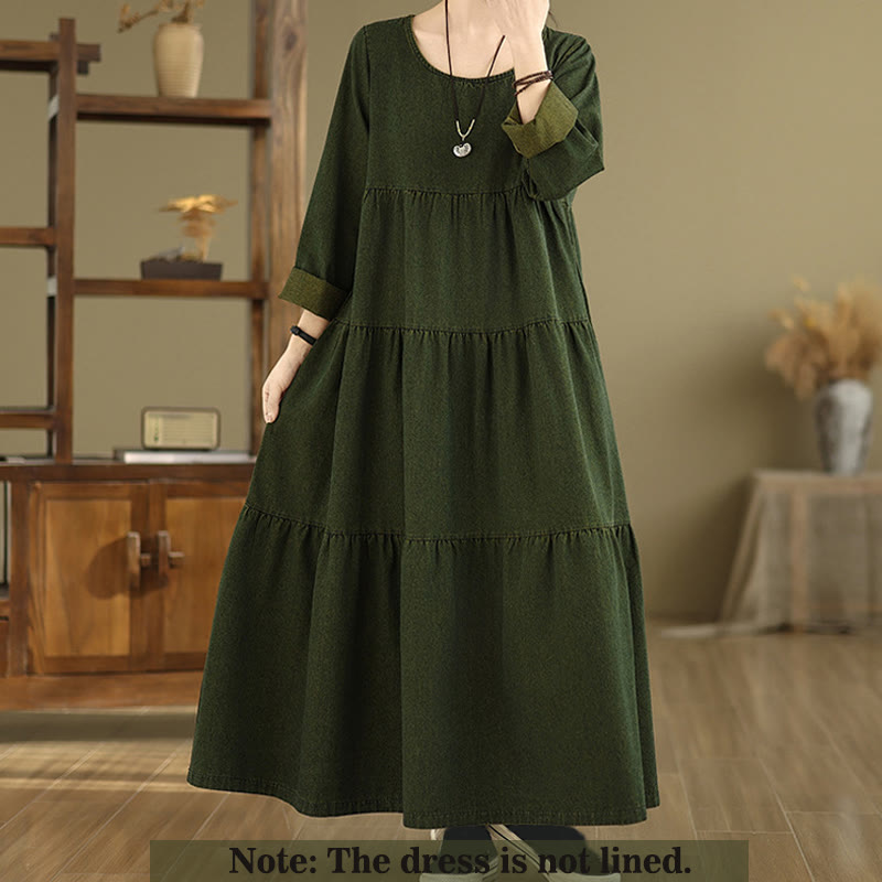 Robe longue en coton à manches longues et poches pour femme, motif patchwork Buddha Stones, vert olive foncé - image 1