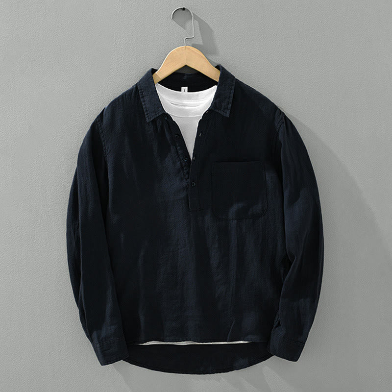 Chemise ample à manches longues et demi-boutonnée en lin avec Buddha Stones , couleur unie, vêtements pour hommes - image 13