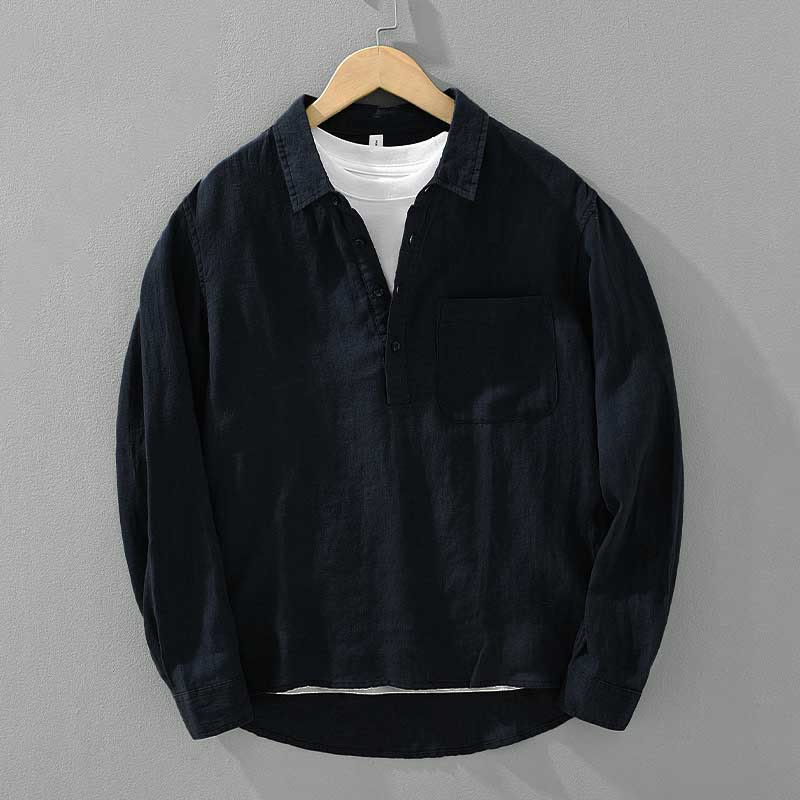 Chemise ample à manches longues et demi-boutonnée en lin avec Buddha Stones , couleur unie, vêtements pour hommes - Bleu foncé - US/UK/AU42，EU52 (3XL) - image 8