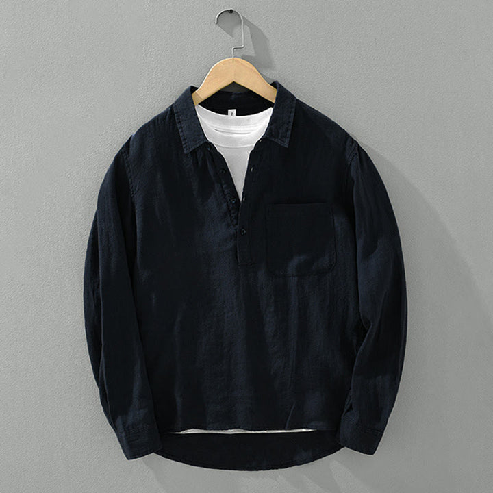 Chemise ample à manches longues et demi-boutonnée en lin avec Buddha Stones , couleur unie, vêtements pour hommes - image 13