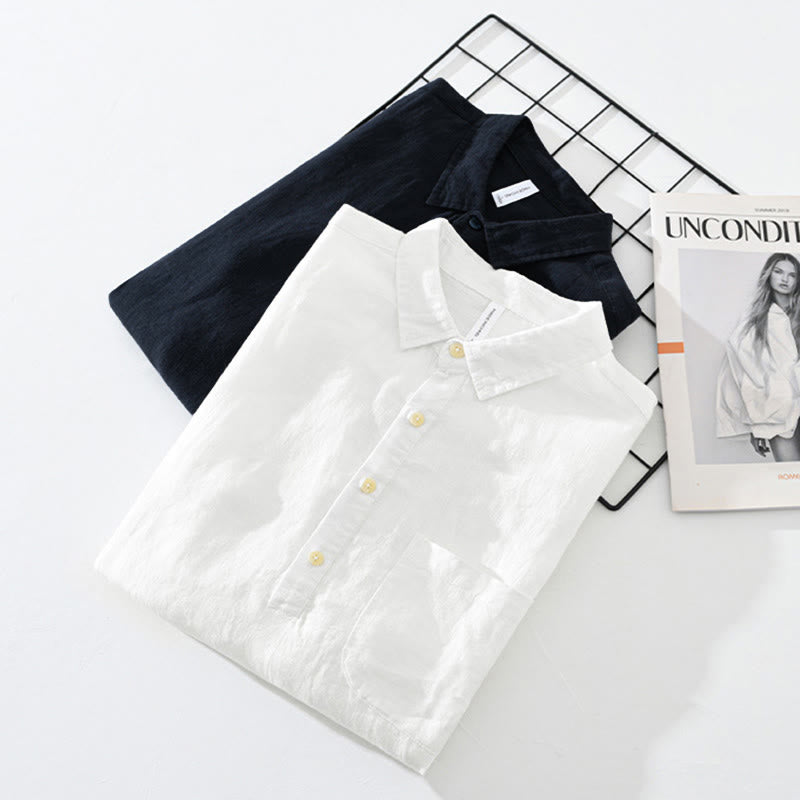 Chemise ample à manches longues et demi-boutonnée en lin avec Buddha Stones , couleur unie, vêtements pour hommes - image 16