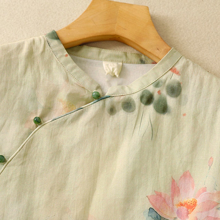Chemise décontractée à manches trois-quarts et col incliné pour femme, motif lotus, motif grenouille et Buddha Stones - image 3
