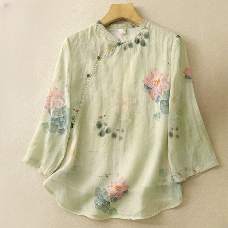 Chemise décontractée à manches trois-quarts et col incliné pour femme, motif lotus, motif grenouille et Buddha Stones - Beige - US8-10，UK/AU12-14，EU40-42 (2XL) - image 0
