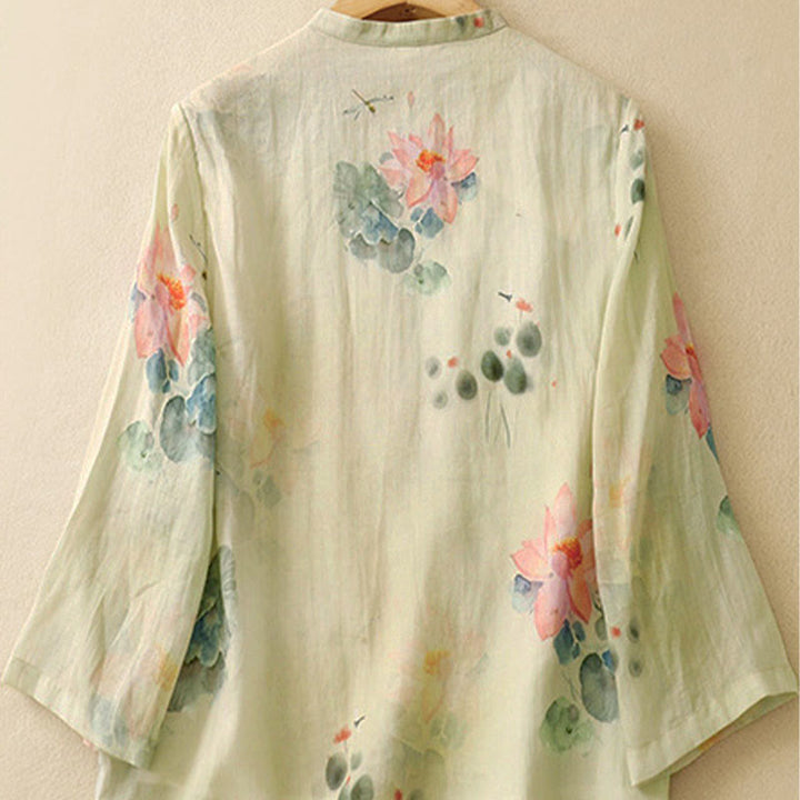 Chemise décontractée à manches trois-quarts et col incliné pour femme, motif lotus, motif grenouille et Buddha Stones - image 5