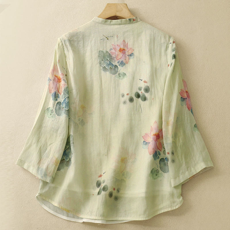 Chemise décontractée à manches trois-quarts et col incliné pour femme, motif lotus, motif grenouille et Buddha Stones - image 1