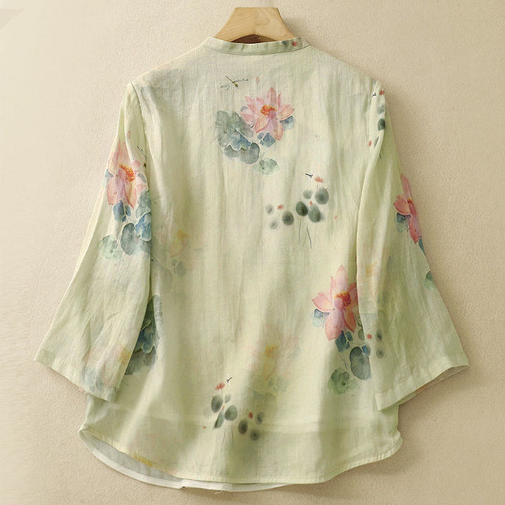 Chemise décontractée à manches trois-quarts et col incliné pour femme, motif lotus, motif grenouille et Buddha Stones - image 1
